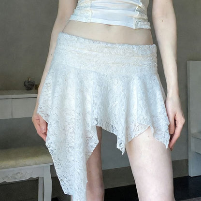 Asymmetric Lace Mini A-Line Skirt with Low Rise