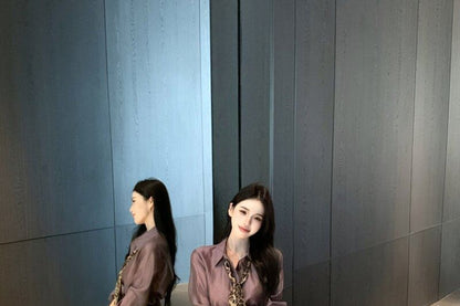 Long-Sleeve Shirt and Mini Pencil Skirt with Leopard Scarf Set