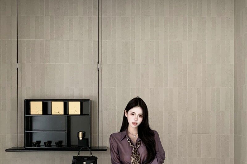 Long-Sleeve Shirt and Mini Pencil Skirt with Leopard Scarf Set