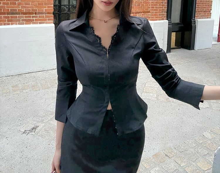Collared V-Neck Lace Panel Crop Blouse