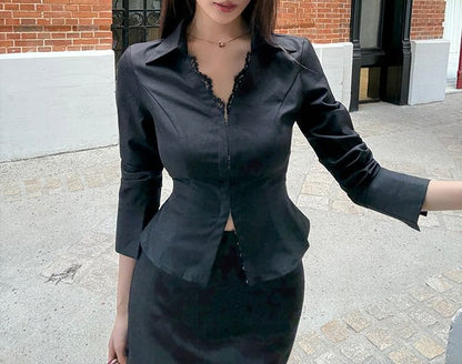 Collared V-Neck Lace Panel Crop Blouse