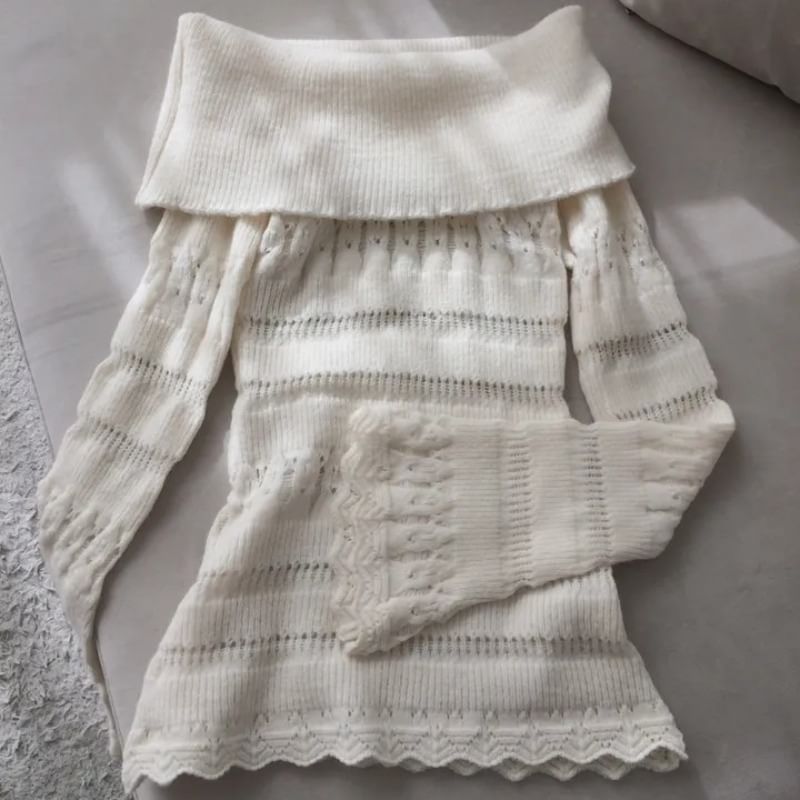 Off-Shoulder Pointelle Ribbed Sweater