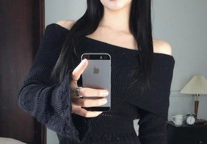 Off-Shoulder Pointelle Ribbed Sweater