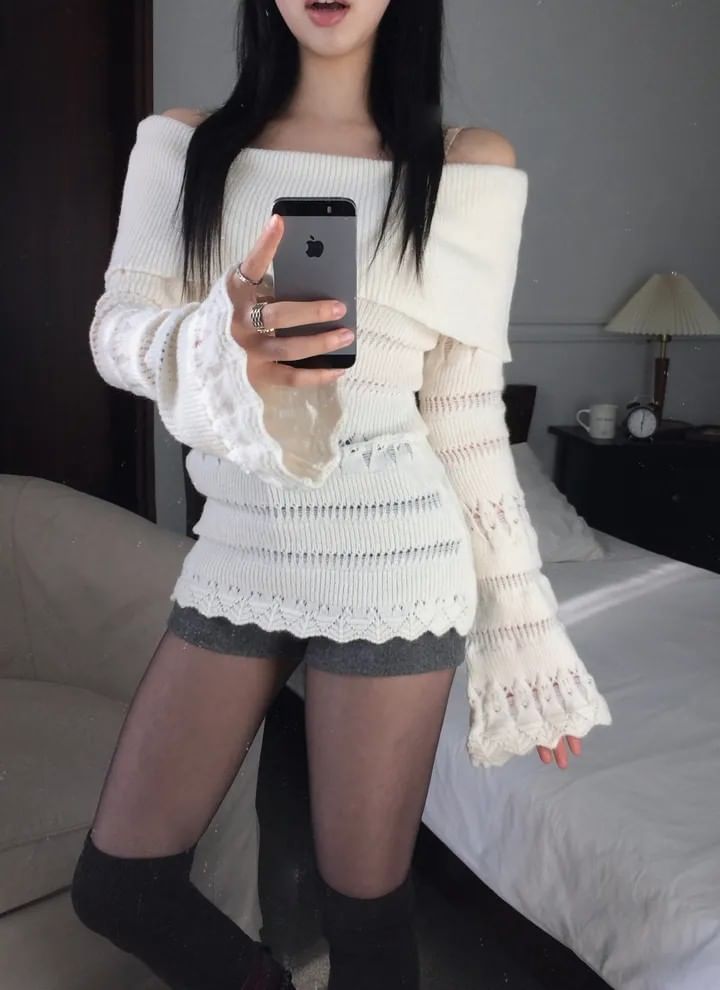 Off-Shoulder Pointelle Ribbed Sweater