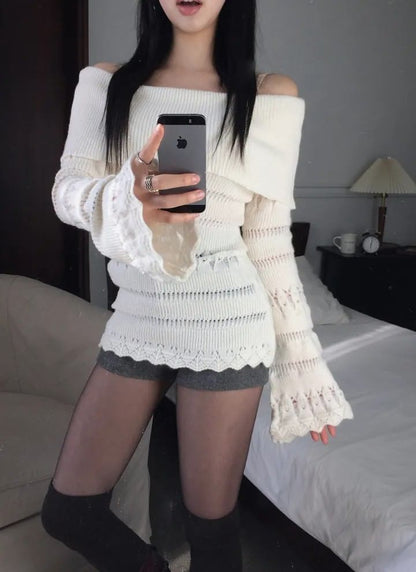 Off-Shoulder Pointelle Ribbed Sweater