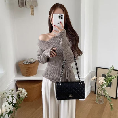 One-Shoulder Tie-Waist Ribbed Knit Top