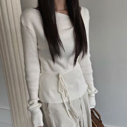 One-Shoulder Tie-Waist Ribbed Knit Top