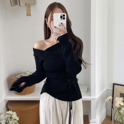 One-Shoulder Tie-Waist Ribbed Knit Top