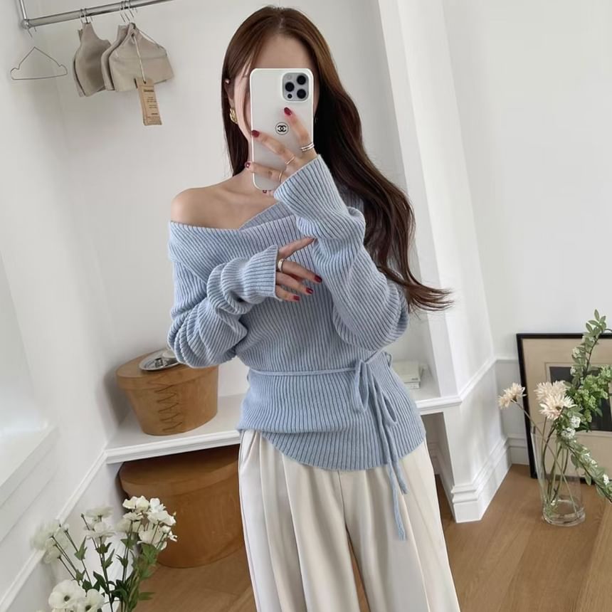 One-Shoulder Tie-Waist Ribbed Knit Top