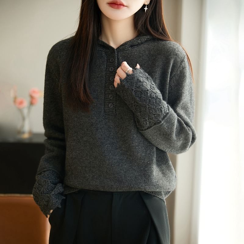 Long-Sleeve Henley Lace Cuff Hooded Knit Top