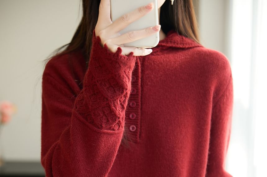 Long-Sleeve Henley Lace Cuff Hooded Knit Top