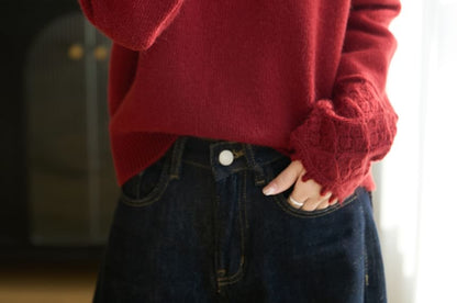Long-Sleeve Henley Lace Cuff Hooded Knit Top