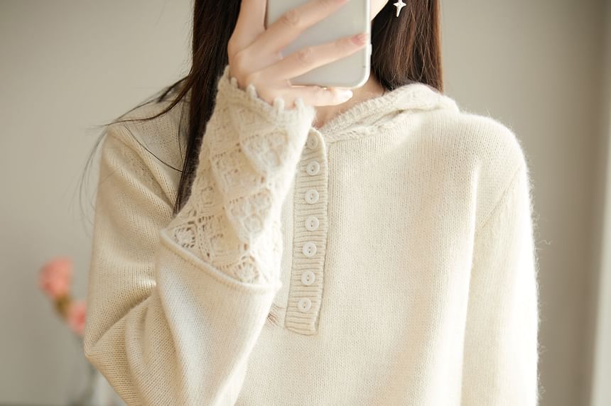 Long-Sleeve Henley Lace Cuff Hooded Knit Top