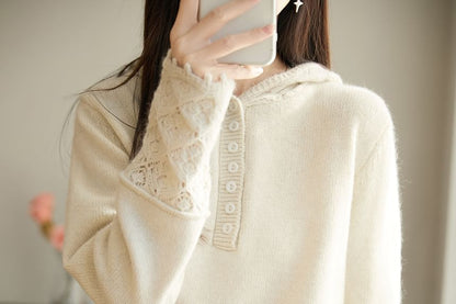 Long-Sleeve Henley Lace Cuff Hooded Knit Top