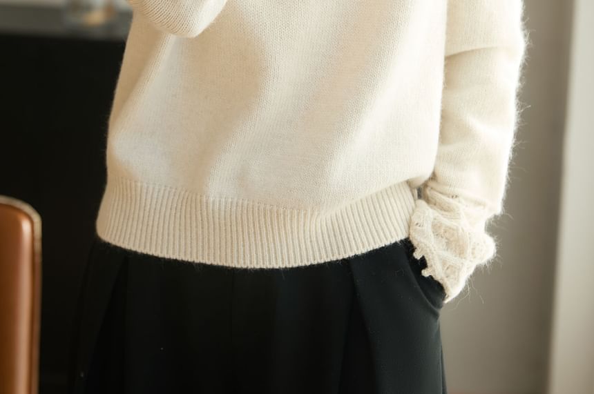 Long-Sleeve Henley Lace Cuff Hooded Knit Top