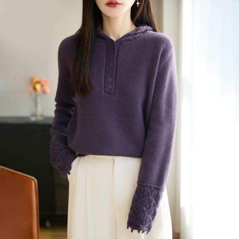 Long-Sleeve Henley Lace Cuff Hooded Knit Top