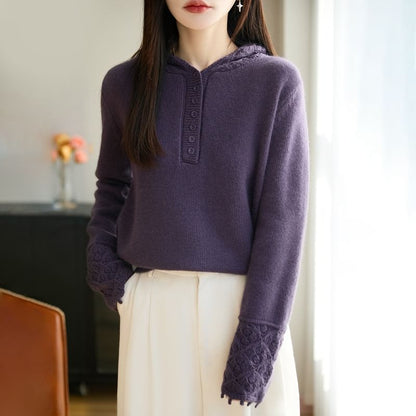 Long-Sleeve Henley Lace Cuff Hooded Knit Top