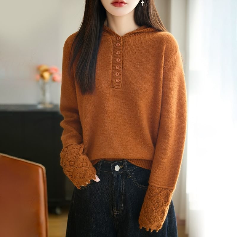 Long-Sleeve Henley Lace Cuff Hooded Knit Top