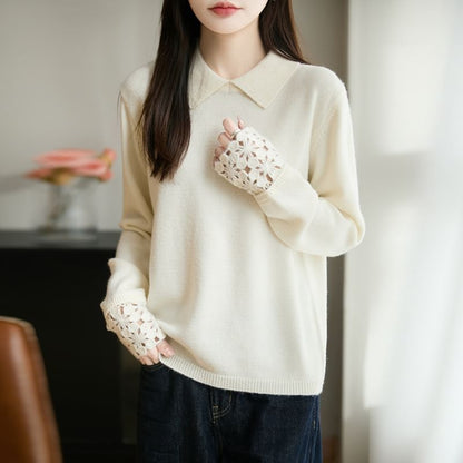 Long-Sleeve Lace Cuff Knit Polo Top