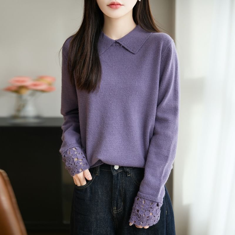 Long-Sleeve Lace Cuff Knit Polo Top