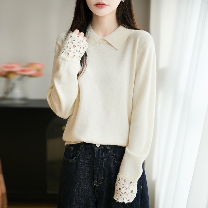 Long-Sleeve Lace Cuff Knit Polo Top
