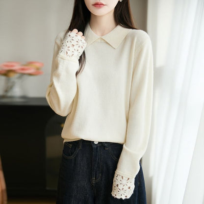 Long-Sleeve Lace Cuff Knit Polo Top