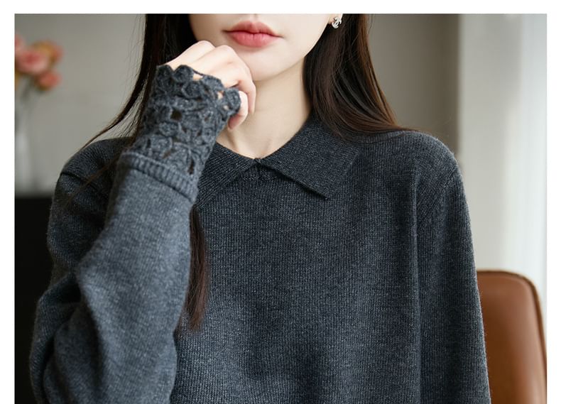 Long-Sleeve Lace Cuff Knit Polo Top