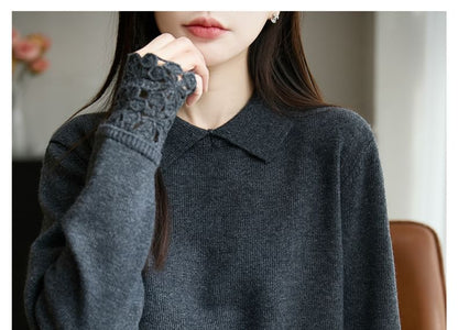 Long-Sleeve Lace Cuff Knit Polo Top