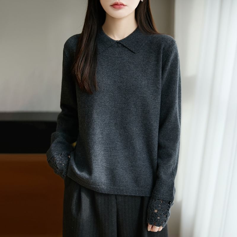 Long-Sleeve Lace Cuff Knit Polo Top