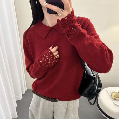 Long-Sleeve Lace Cuff Knit Polo Top