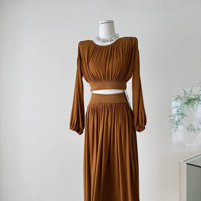 Puff-Sleeve Ruched Crop Top and Midi Skirt Set