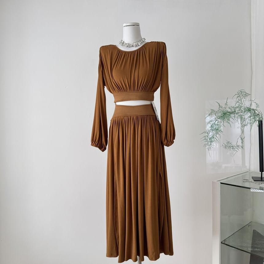 Puff-Sleeve Ruched Crop Top and Midi Skirt Set