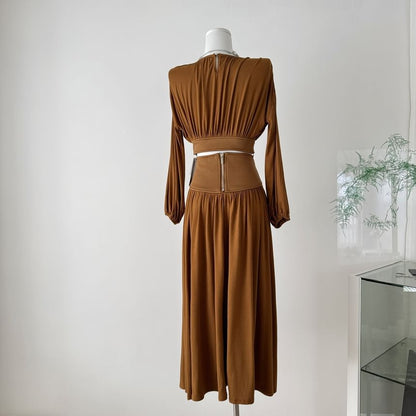 Puff-Sleeve Ruched Crop Top and Midi Skirt Set