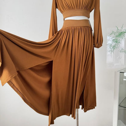 Puff-Sleeve Ruched Crop Top and Midi Skirt Set