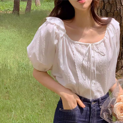 Square Neck Puff-Sleeve Lace Panel Blouse