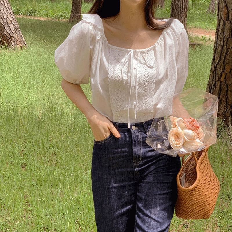 Square Neck Puff-Sleeve Lace Panel Blouse
