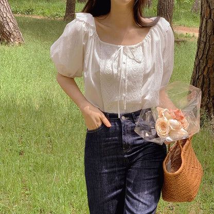 Square Neck Puff-Sleeve Lace Panel Blouse