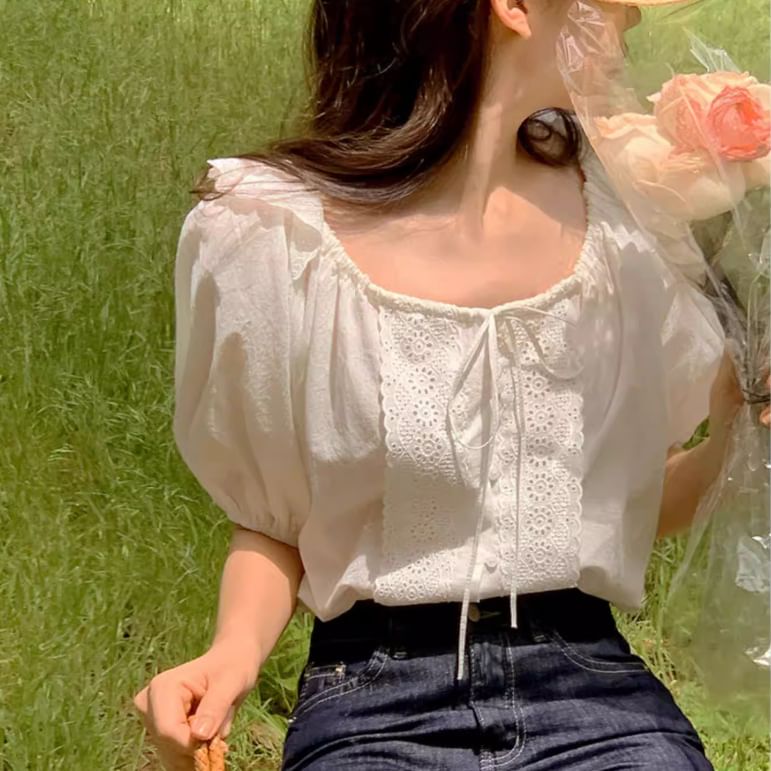 Square Neck Puff-Sleeve Lace Panel Blouse