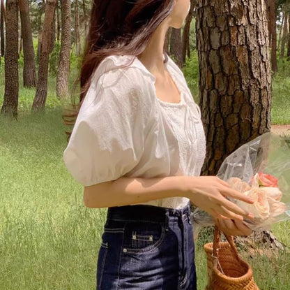 Square Neck Puff-Sleeve Lace Panel Blouse