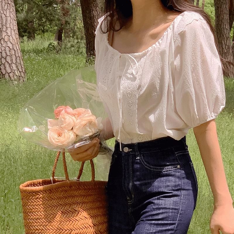 Square Neck Puff-Sleeve Lace Panel Blouse