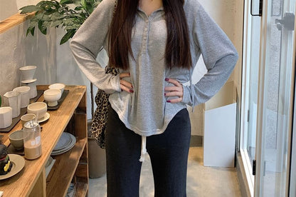 Hooded Half-Button Long-Sleeve Top