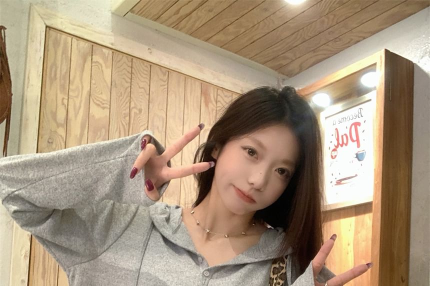 Hooded Half-Button Long-Sleeve Top