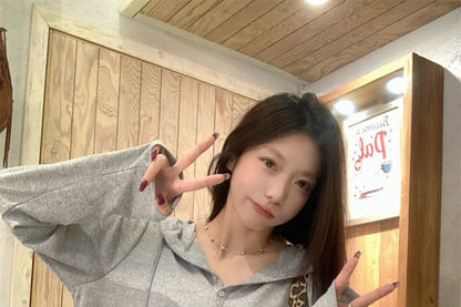 Hooded Half-Button Long-Sleeve Top