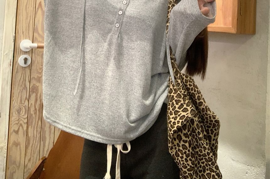 Hooded Half-Button Long-Sleeve Top