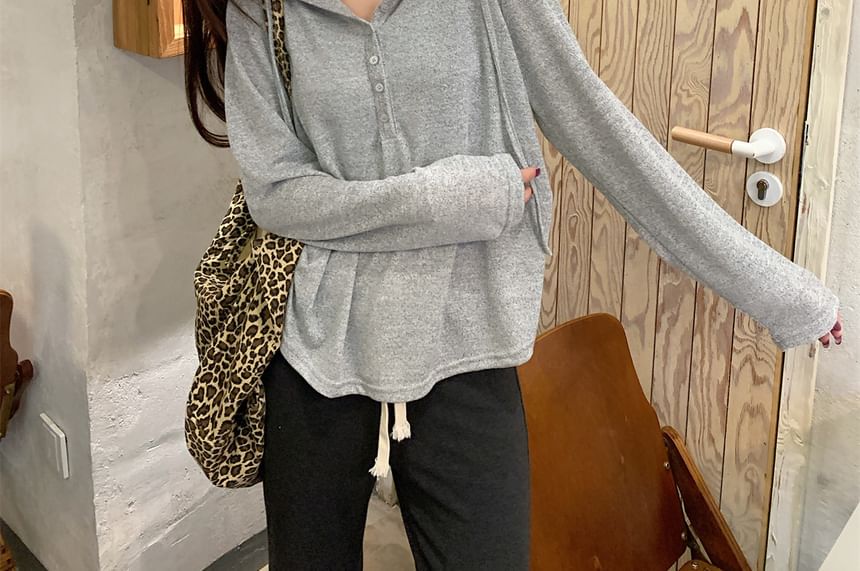 Hooded Half-Button Long-Sleeve Top