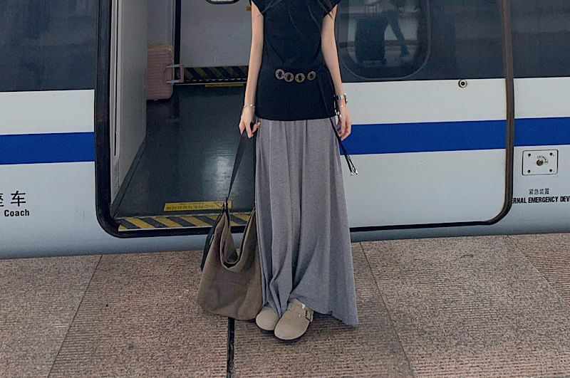 Cap-Sleeve V-Neck Top with Belt and Maxi Skirt Set