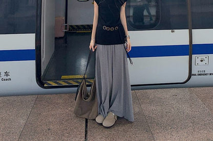 Cap-Sleeve V-Neck Top with Belt and Maxi Skirt Set
