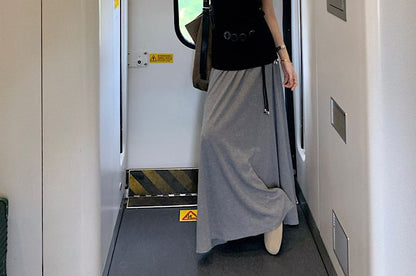 Cap-Sleeve V-Neck Top with Belt and Maxi Skirt Set