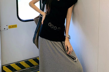 Cap-Sleeve V-Neck Top with Belt and Maxi Skirt Set