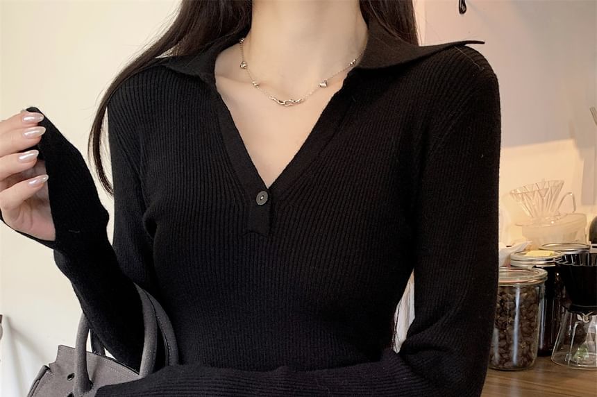 Long-Sleeve V-Neck Knit Polo Shirt